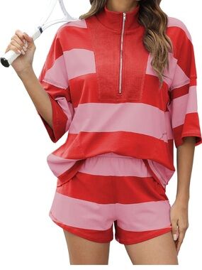 Striped Red & Pink Half-Zip Top with Matching Shorts